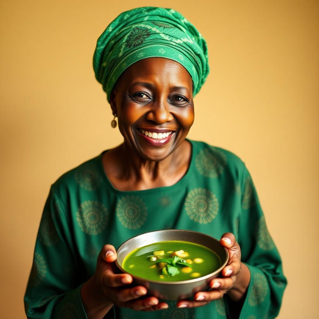 Nigerian nutritionist holding a bowl of green soup